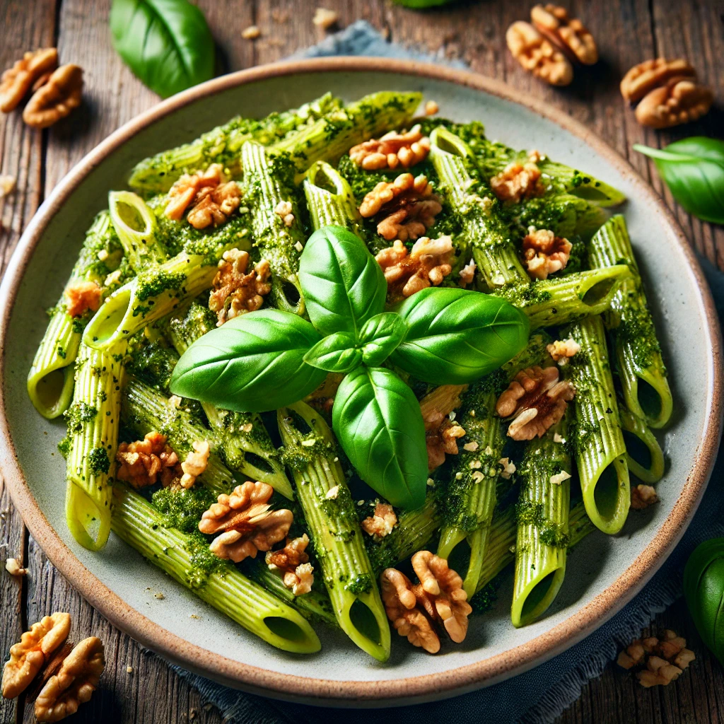 Penne Rigate com Pesto Alla Genovese e Nozes: Um Clássico Italiano com Toque Crocante